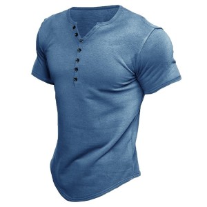 Men's Summer Henley Shirt Short Sleeve Cotton T-Shirt Casual Solid Color Tee