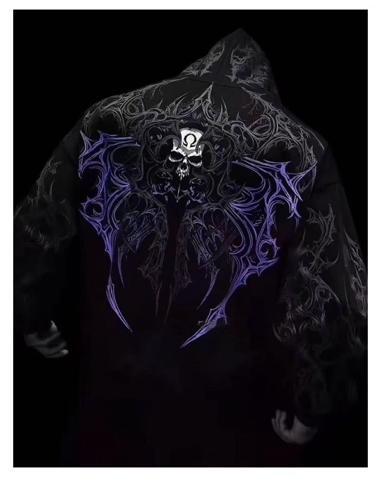 Breathedivinity Gothic Hoodie with Skull Print Zip-Up
