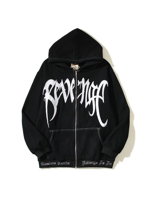 Vintage Washed High-Street Embroidery Oversized Zip-Up Hoodie Fleece-Lined Casual