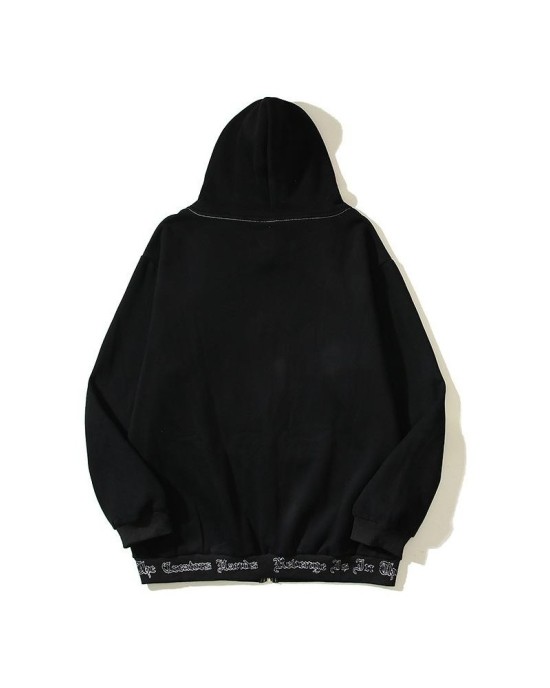 Vintage Washed High-Street Embroidery Oversized Zip-Up Hoodie Fleece-Lined Casual