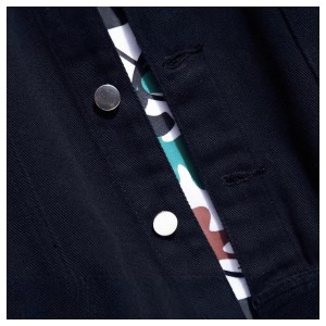 Trendy Black Denim Jacket with Unique Graphic Print, Long Sleeve Shirt