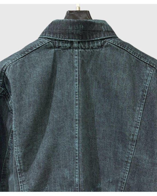 Vintage Distressed Denim Jacket with Raw Hem & Frayed Details, Light Blue Retro