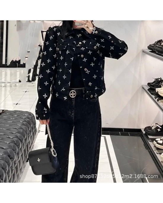 SMK R Eternal Garden Denim Jacket with All-Over Cross Print, Classic Cotton