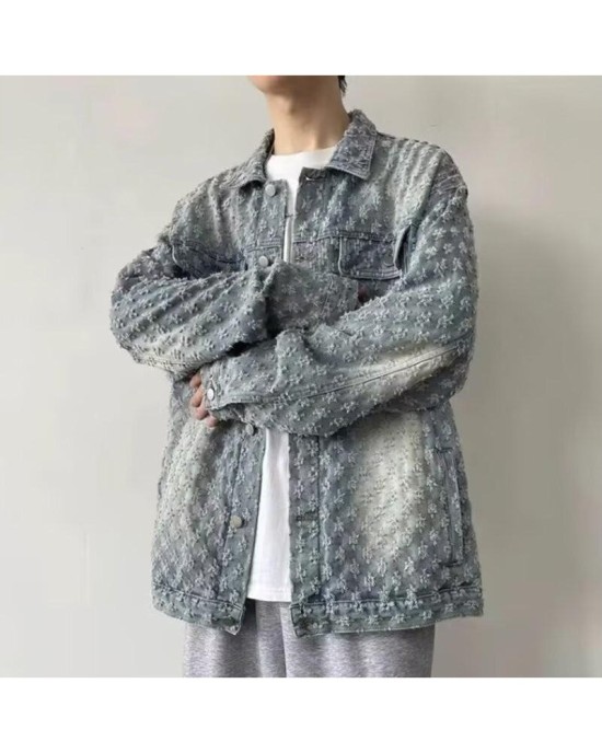 Vintage Wash Distressed Denim Jacket with Jacquard & Tie-Dye - Unisex