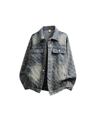 Distressed Washed Denim Jacket Men Vintage Americana Streetwear Oversized Trucker Coat Retro Ripped Denim